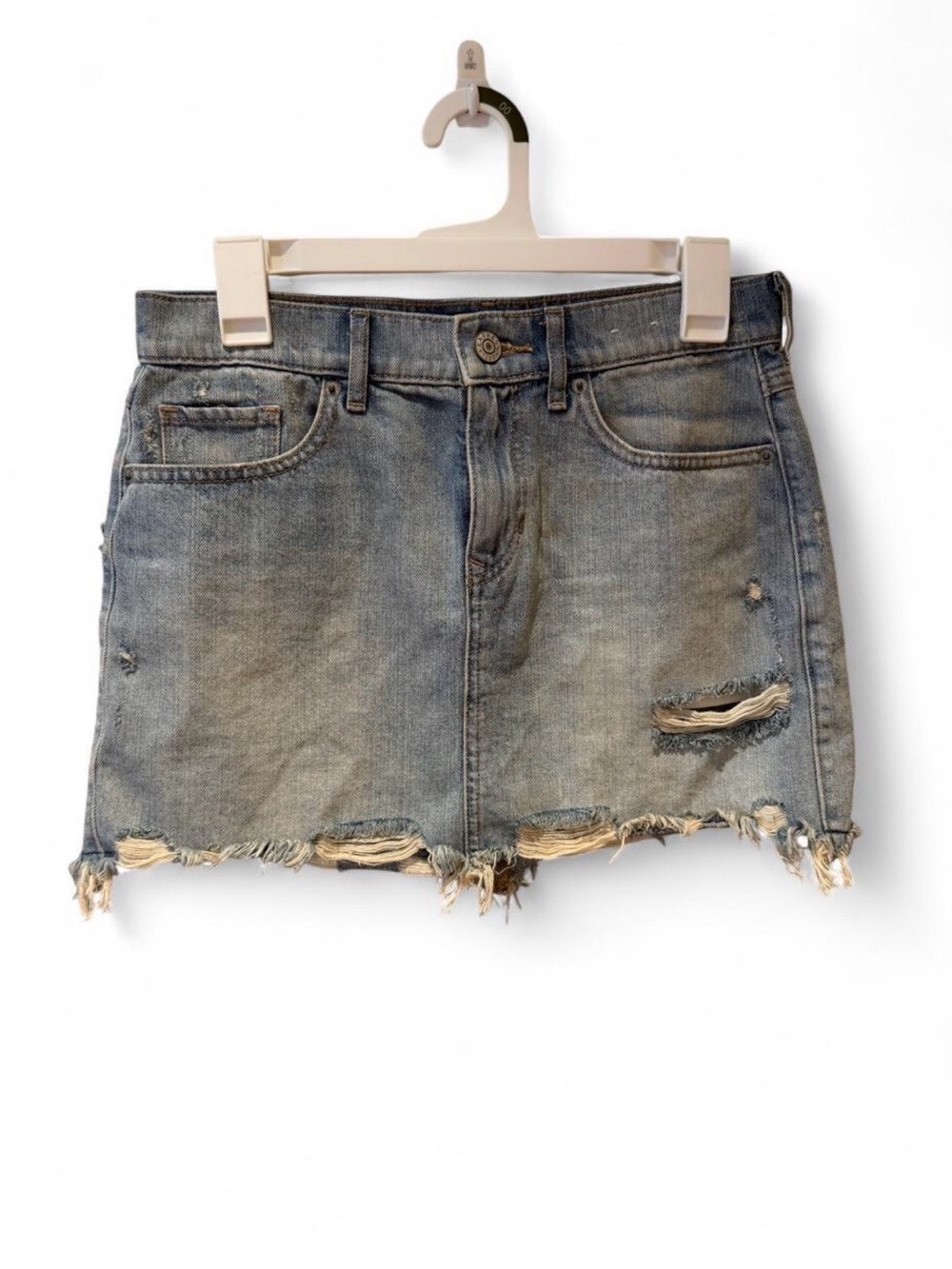 Express Distressed Denim Mini Skirt in Faded Blue